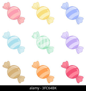 Colorful vector set of nine wrapped candies in assorted pastel colors. Cute glossy sweet collection featuring pink, yellow, blue, mint, purple, brown, Stock Vector