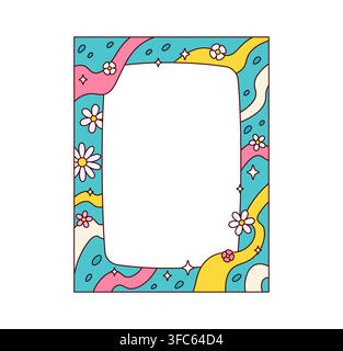 Groovy retro psychedelic color wavy frame and cartoon hippie y2k border with daisy flowers, sparkling stars, and squiggly ribbons. Pastel blue photo frame background with nostalgic trippy comic vibe Stock Vector