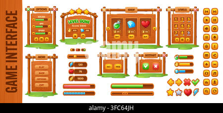 Wooden game UI interface buttons and level window, retro signboard loading scale and menu frame, adventure game indicators and rewards. Complete UI interface with progress bars for indie games Stock Vector