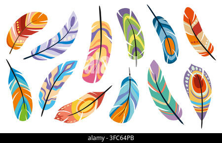 Ethnic indigenous bird feathers icons set featuring bohemian and native American tribal bird plumes. Boho quill accessories decorated with tribal patterns, dots and geometric shapes for apparel prints Stock Vector