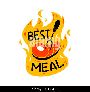 Kitchen cook icon featuring juicy steak on large fork, surrounded by vibrant yellow and orange flames. Vibrant icon for restaurant branding, steakhouse menus, outdoor BBQ posters or culinary stickers Stock Vector