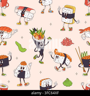 Cartoon cute groovy Japanese rice sushi and roll food characters in pattern background. Cartoon sushi onigiri with shrimp and wasabi, funny happy squid sashimi and salmon sushi or maki roll on feet Stock Vector