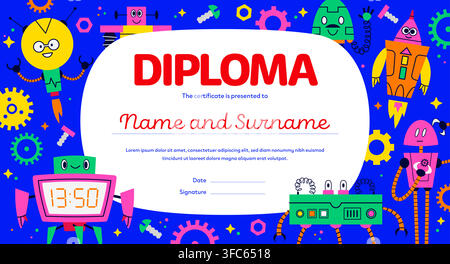 Kids diploma with funny cartoon robot droids and retro bots characters. Diploma certificate template for kids kindergarten or preschool award document with cute robots and robotic transformers Stock Vector