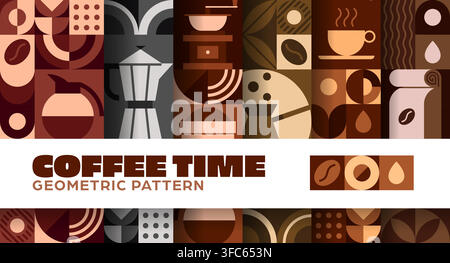 Coffee seamless pattern with geometric ornament featuring coffee cups, beans, grinder, teapot, Turkish cezve and pitcher in warm brown tones. Retro mosaic background for cafe or textile prints Stock Vector