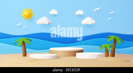 Kids podium stage stand with sand beach, sea water waves, white clouds and palms. 3D pedestal for cosmetic products promotions. Summer holiday scene featuring round base, layered sea waves and sun Stock Vector