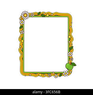Groovy retro wavy frame border decorated with daisies, leaves, stars and green apple fruit. Blank square cartoon psychedelic scalloped border frame conveying funky spring and vintage pop art y2k vibes Stock Vector