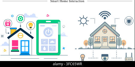 Smart home interaction set showing mobile app control system, home automation, security network, wireless technology, and iot flat vector illustration Stock Vector
