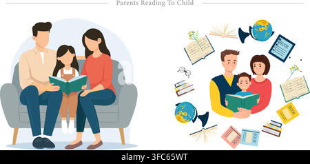 Parents reading to child set showing mother and father reading book with daughter on sofa and family surrounded by books flat vector illustration Stock Vector