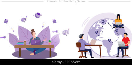 Remote productivity scene set showing creative designer working on laptop with idea icons and global team connected across world map vactors Stock Vector