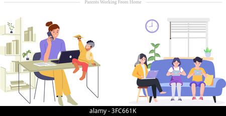 Parents working from home set showing mother talking on phone near child playing and woman working on laptop near kids flat vector illustration Stock Vector