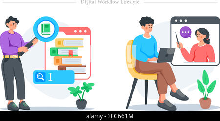 Digital workflow lifestyle set showing student searching online library with magnifying glass and taking online class on laptop vector flat Stock Vector