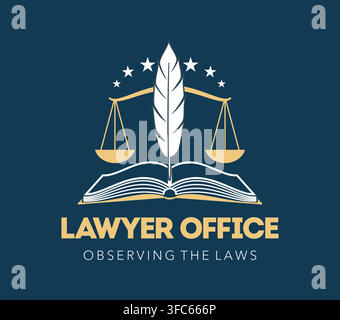 Lawyer office emblem with scales of justice and open law book. Golden white symbol features quill pen, gold scales and white stars for attorney branding, law firm websites or notary public stationery Stock Vector