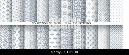 Geometric floral set of seamless patterns. White and gray vector backgrounds. Damask graphic ornaments Stock Vector