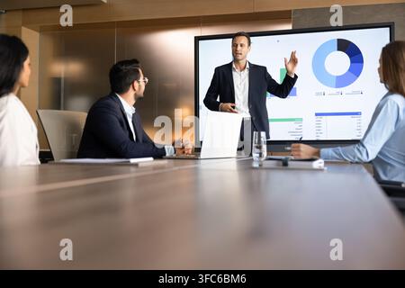 Businessman presenting financial data displayed on screen Stock Photo