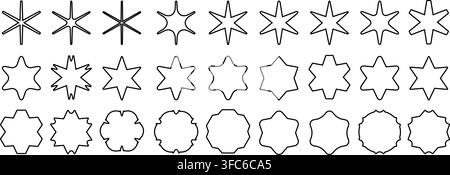 Set of black stars icons. Star shapes collection. Minimalist simple stars pack. Christmas star objects isolated on transparent background. Vector png Stock Vector
