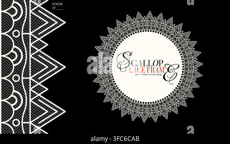 Seamless realistic beige textured lace border round frame isolated on black. Vintage crochet embroidery frame. Classic ornament border trim ribbon lin Stock Vector