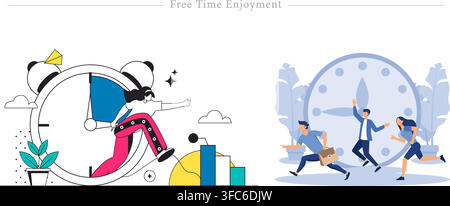 Free time enjoyment set showing woman stepping out of alarm clock toward growth chart and happy people running off work flat vector illustration Stock Vector