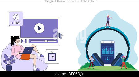 Digital entertainment lifestyle set showing girl watching online video on laptop and people dancing near big headphones and music app flat vactor Stock Vector
