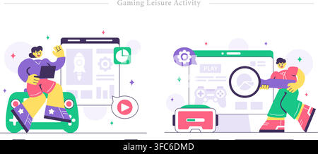 Gaming leisure activity set showing girl sitting on gamepad with laptop and gamer holding magnifying glass near monitor and vr headset flat vector Stock Vector
