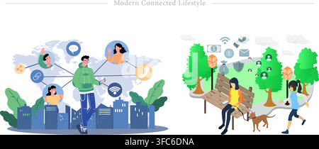 Modern connected lifestyle set showing guy using smartphone for global networking and woman on park bench with dog flat vector illustration Stock Vector