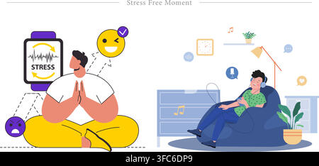 Stress free moment set showing man meditating with smartwatch tracker and person relaxing on bean bag listening to music flat vector illustration Stock Vector