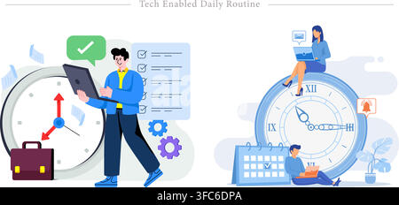 Tech enabled daily routine set showing professionals managing tasks, scheduling calendar, checking emails, and tracking time flat vector illustration Stock Vector