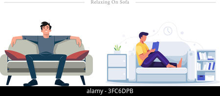 Relaxing on sofa set showing young man leaning back comfortably on couch and person reading book in living room flat vector illustration Stock Vector