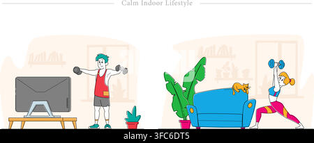 Calm indoor lifestyle set showing man and woman working out with dumbbells at home near television and couch with cat flat vector illustration Stock Vector