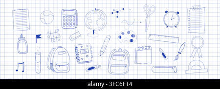 Back to school doodle set. School stationery, supplies for educational backgrounds, student projects. Back to school background with notebooks, backpack and globe. . Vector illustration Stock Vector