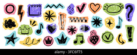 Scrapbook sticker collection with doodles, hearts, stars, music notes scribbles cutout paper set. Y2K aesthetic scribble textured collage elements for scrapbook projects. Vector illustration Stock Vector