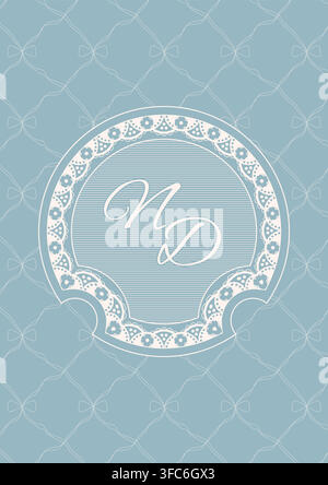 Elegant lace border invitational card, embroidery wedding motive. Vertical blue frame. Stock Vector