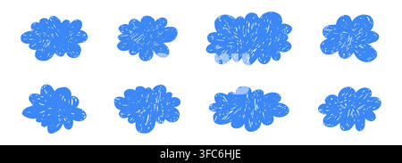 Cloud frame, fluffy border crayon doodle sticker with scallop badges. Set rounded blobs stickers. Scribble clouds pencil bubble. Kids Style, childlike drawing. Vector illustration Stock Vector