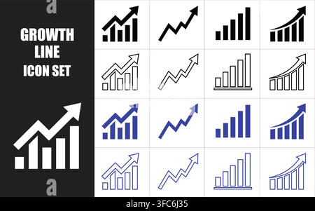 Professional business growth line chart icons collection features black blue and white minimalist data visualization symbols set. Stock Vector