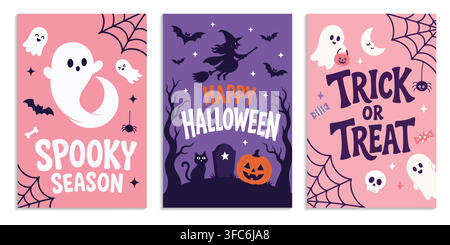 Cute pastel Halloween greeting cards set with cartoon ghosts, flying witch silhouette, jack-o'-lantern pumpkin, spiderwebs, and spooky season typograp Stock Vector