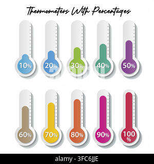 Set of colorful thermometer icons displays percentage values Stock Vector