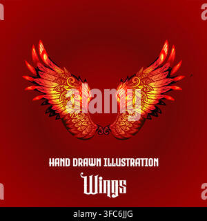 Red Glowing Wings Hand Drawn Illustration Stock Vector