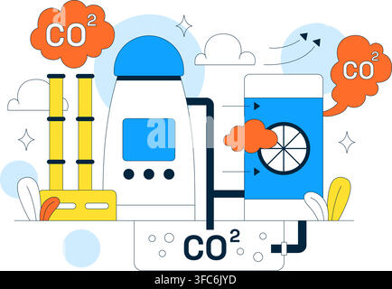 Carbon Capture Technology Vector Illustration Featuring CO2 Emissions, Industrial Filters, Engineers and Sustainable Energy Solutions Stock Vector