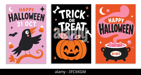 Three-panel Halloween greeting card illustration with spooky bird, jack-o-lantern, cauldron, bats and festive Halloween typography Stock Vector