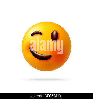 3d Winking smiling face icon with glossy look Stock Vector