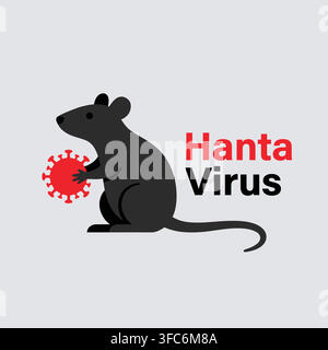 Black rodent holds red virus symbol. Text reads "Hanta Virus" in bold red and black. Simple flat style, clear and striking visual. Stock Vector