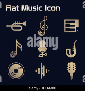 Flat Gold Music Icon Set Collection Stock Vector