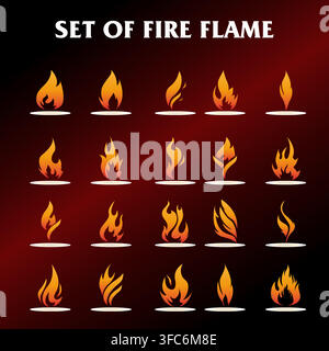 Flame icons blaze with dynamic energy against a deep red backdrop. Each flame design varies in shape, height, and intensity. Stock Vector