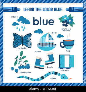 Learn the Color Blue Educational Flashcard Vector Template Stock Vector