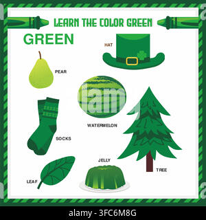 Learn the Color Green Educational Flashcard Vector Template Stock Vector