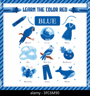 Learn the Color Blue Educational Flashcard Vector Template Stock Vector