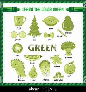 Learn the Color Green Educational Flashcard Vector Template Stock Vector