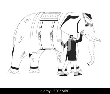 Decorated Indian elephant with mahout line art characters Stock Vector