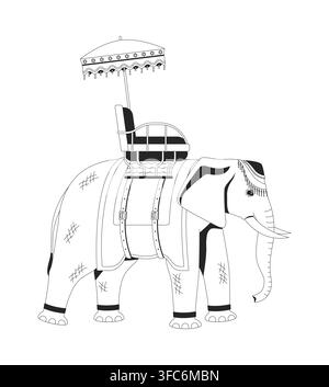 Ceremonial Indian elephant with royal howdah line art character Stock Vector