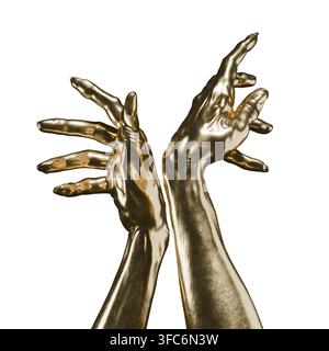 Two hands coated in gold are raised and positioned in a dynamic way. The scene highlights the art of movement and creativity, with a focus on the hand Stock Photo