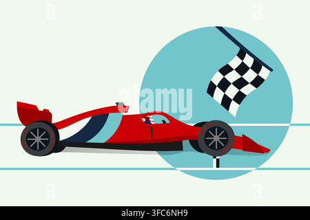 A red racing car wins a Formula 1 race. Side view of a fast car with stripes. Checkered flag and finish line. Vector illustration. Stock Vector